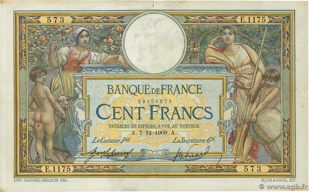 100 Francs LUC OLIVIER MERSON sans LOM FRANCE  1909 F.23.01 pr.TTB