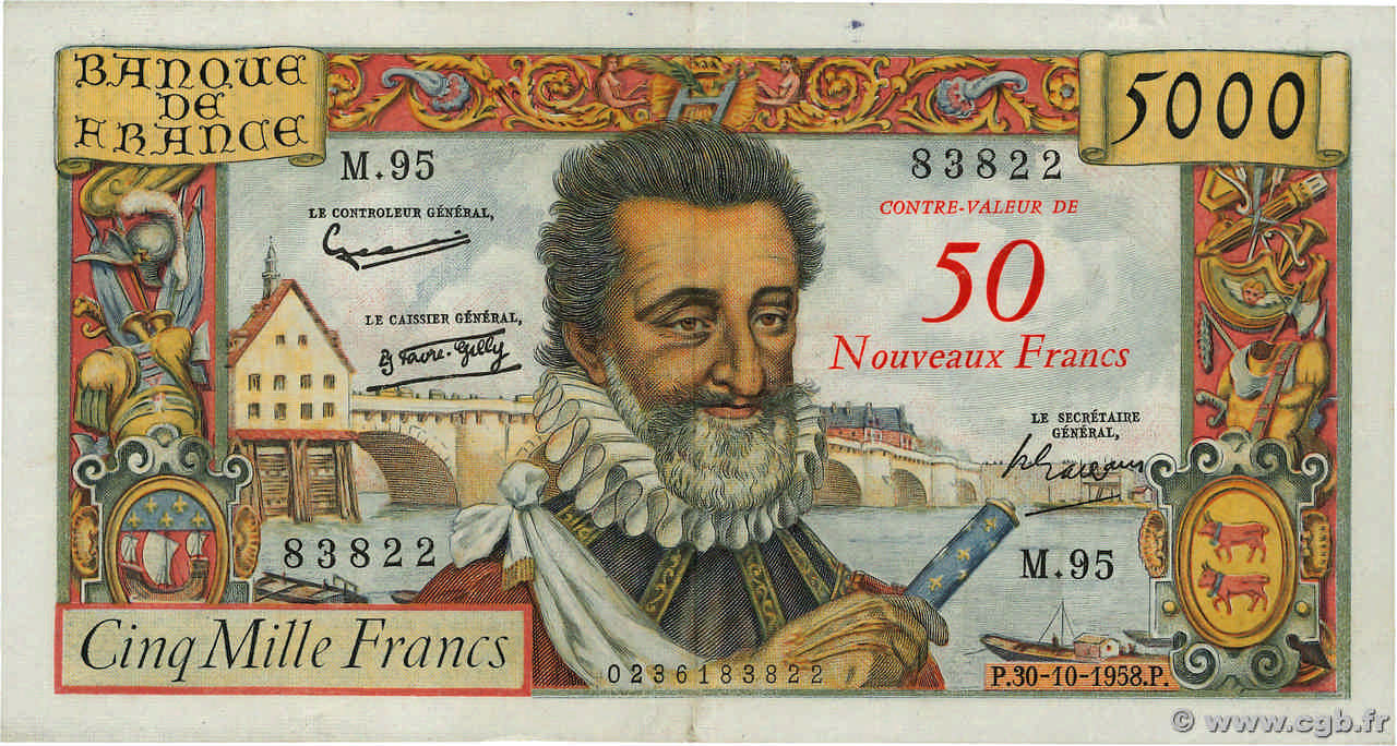50 NF sur 5000 Francs HENRI IV FRANCE  1958 F.54.01 TTB