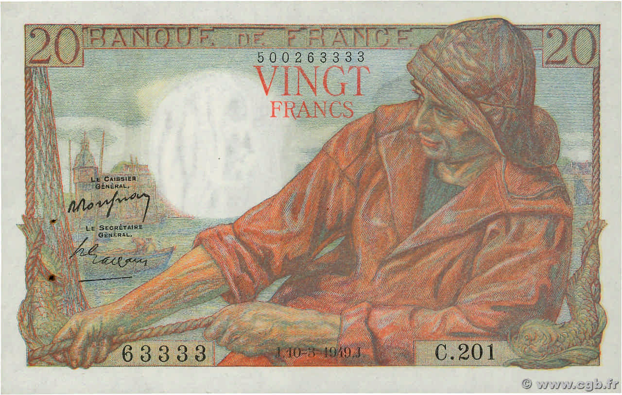 20 Francs PÊCHEUR FRANCE  1949 F.13.14 pr.SPL