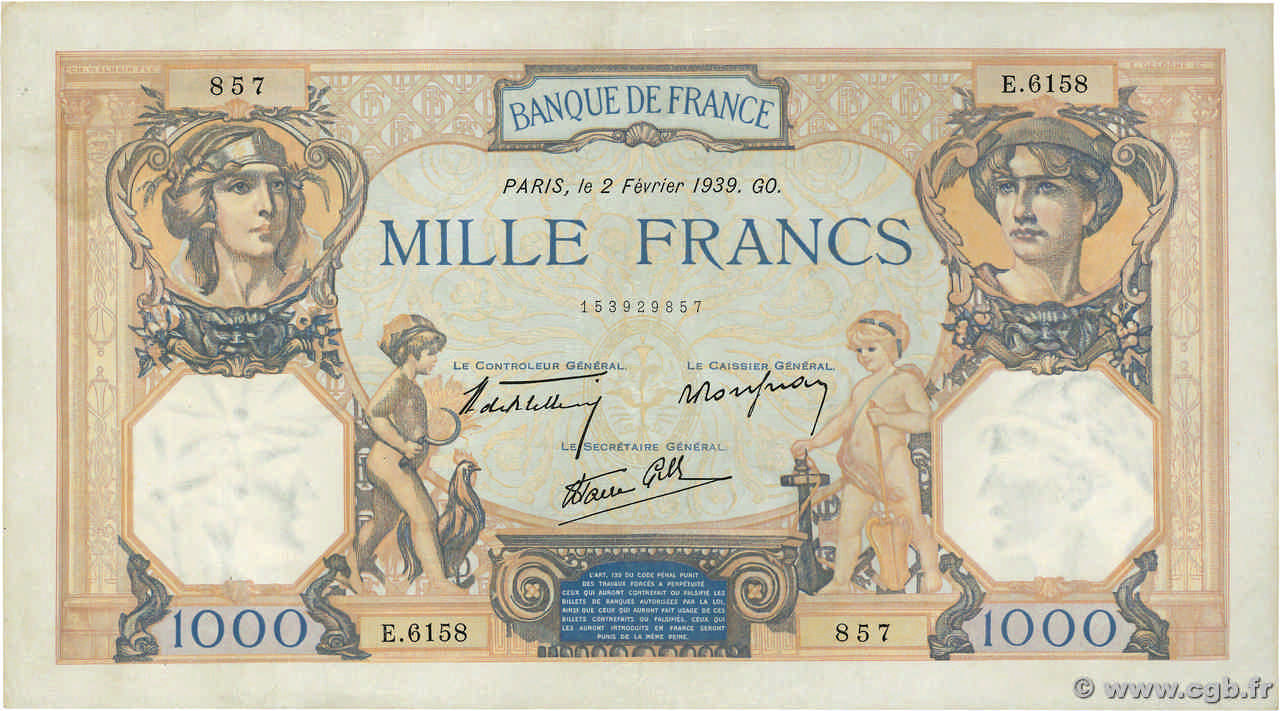 1000 Francs CÉRÈS ET MERCURE type modifié FRANCE  1939 F.38.34 pr.TTB