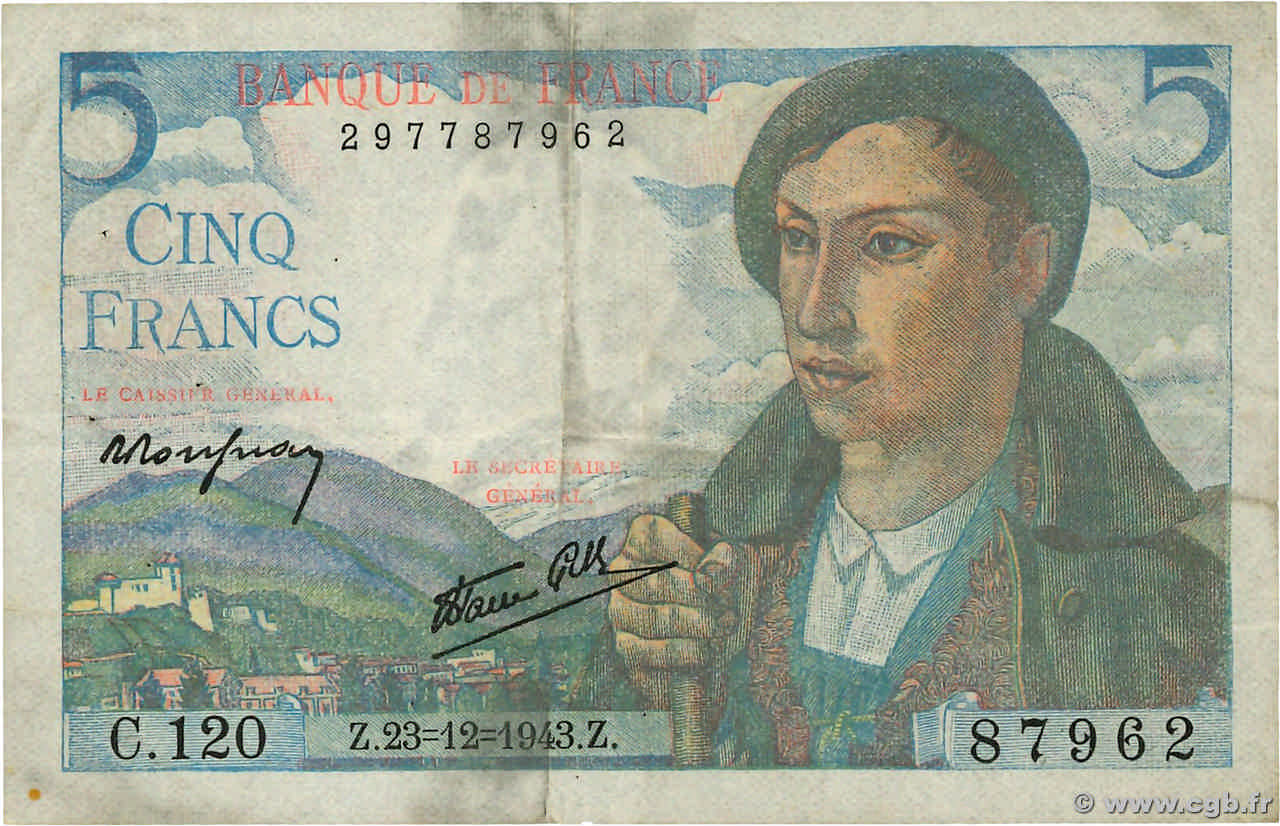 5 Francs BERGER FRANCE  1943 F.05.05 TB+