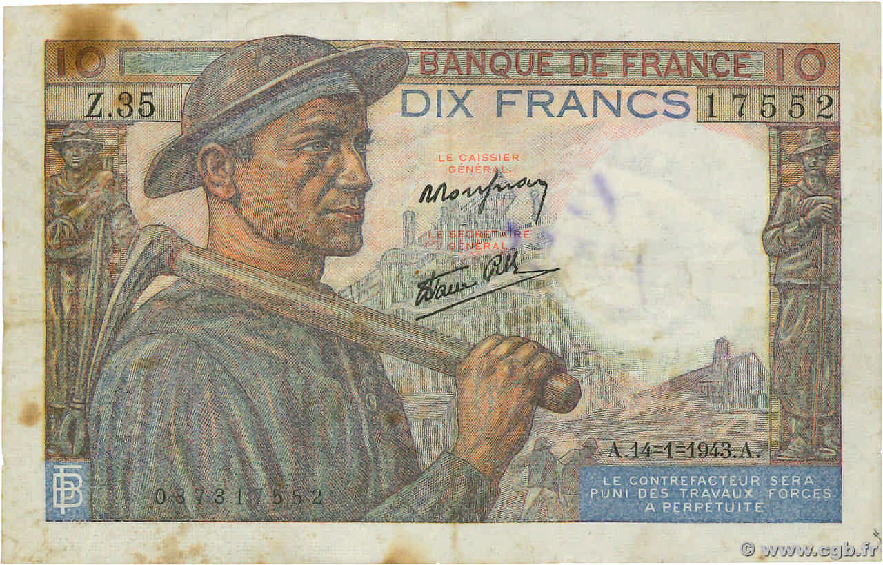 10 Francs MINEUR FRANCE  1943 F.08.07 TB