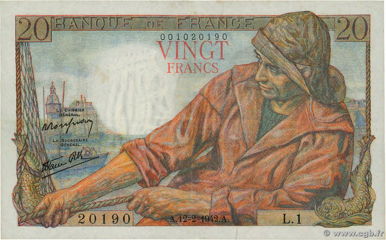 20 Francs PÊCHEUR FRANCE  1942 F.13.01 TTB+