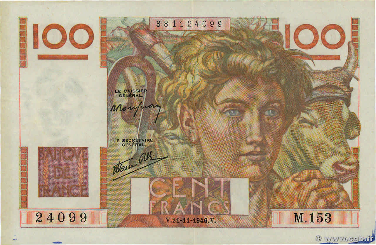 100 Francs JEUNE PAYSAN FRANCE  1946 F.28.11 TTB