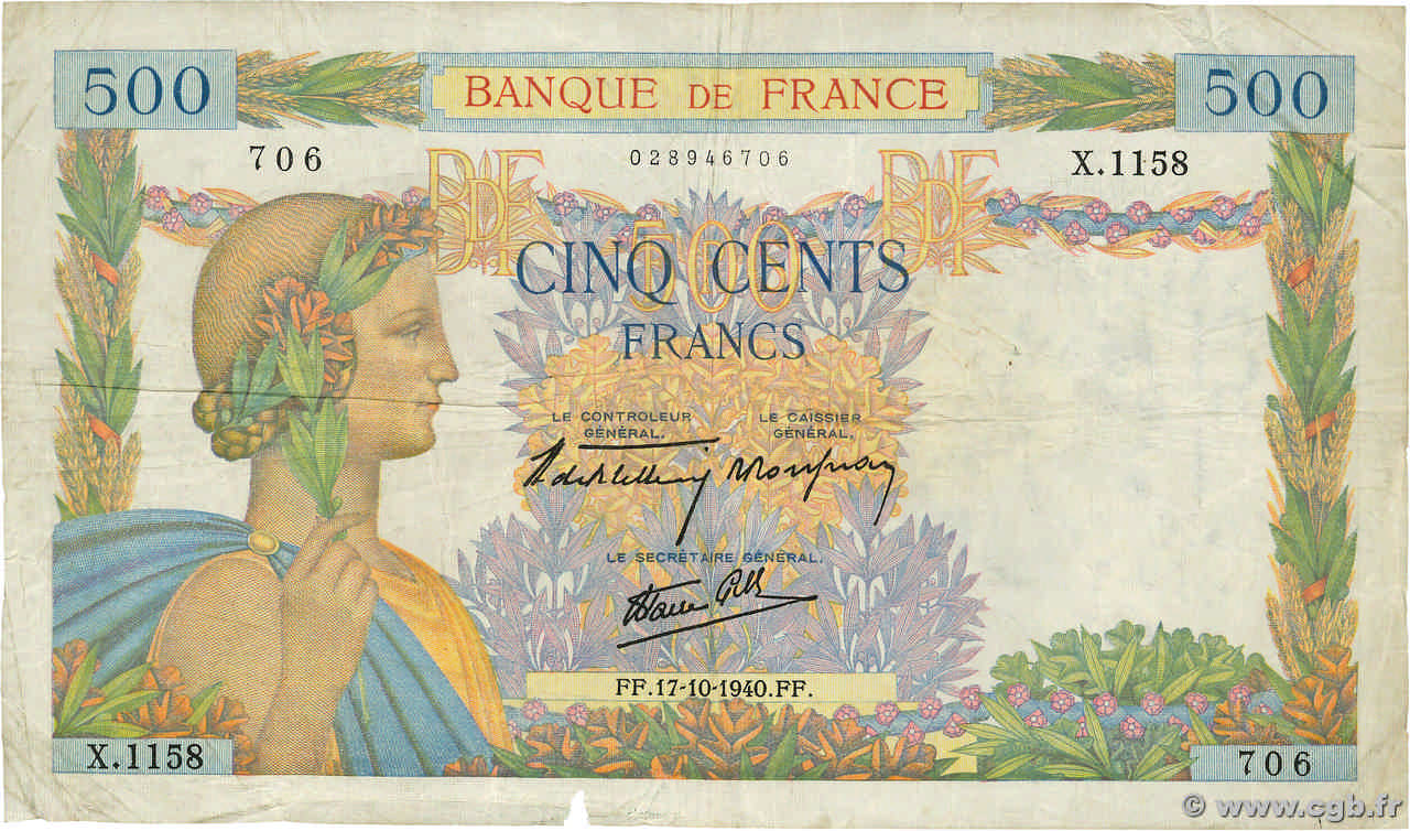 500 Francs LA PAIX FRANCE  1940 F.32.07 pr.TB