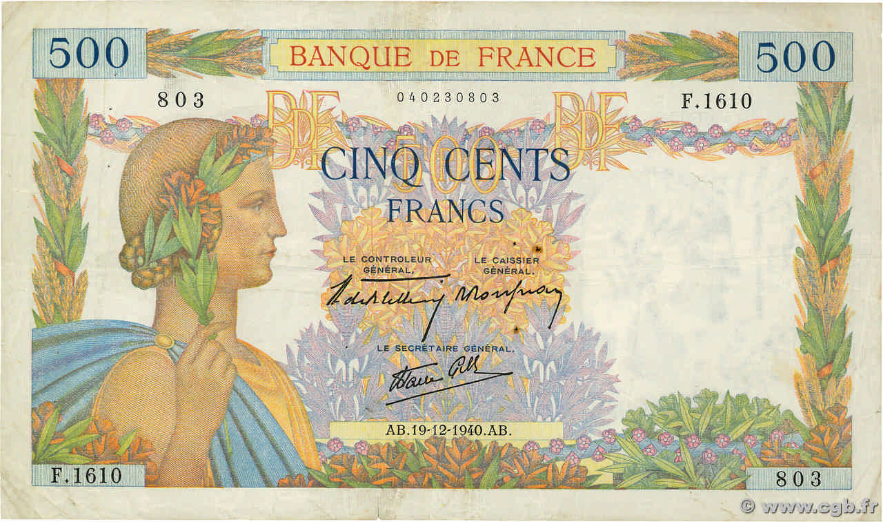 500 Francs LA PAIX FRANCE  1940 F.32.11 TB