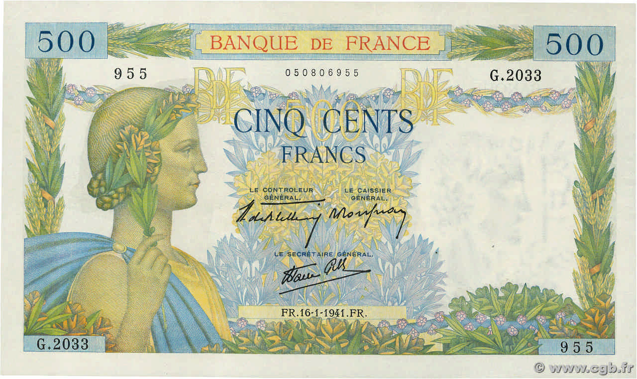 500 Francs LA PAIX FRANCE  1941 F.32.13 SPL