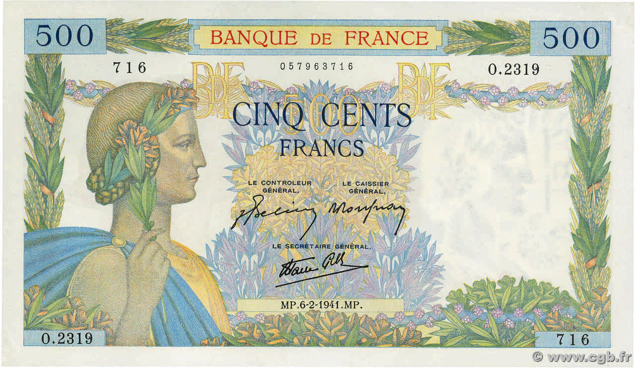 500 Francs LA PAIX FRANCE  1941 F.32.14 SUP