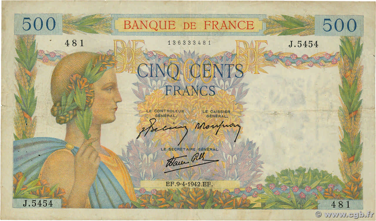 500 Francs LA PAIX FRANCE  1942 F.32.34 TB
