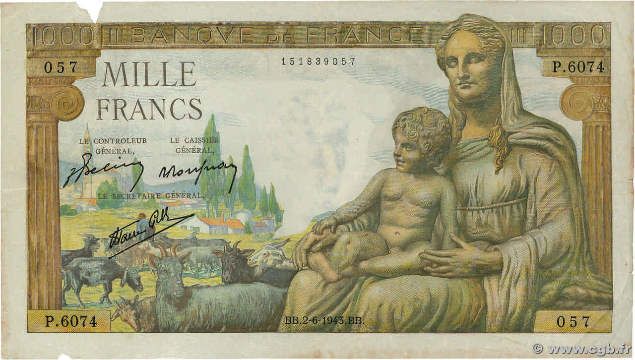 1000 Francs DÉESSE DÉMÉTER FRANCE  1943 F.40.26 TB+