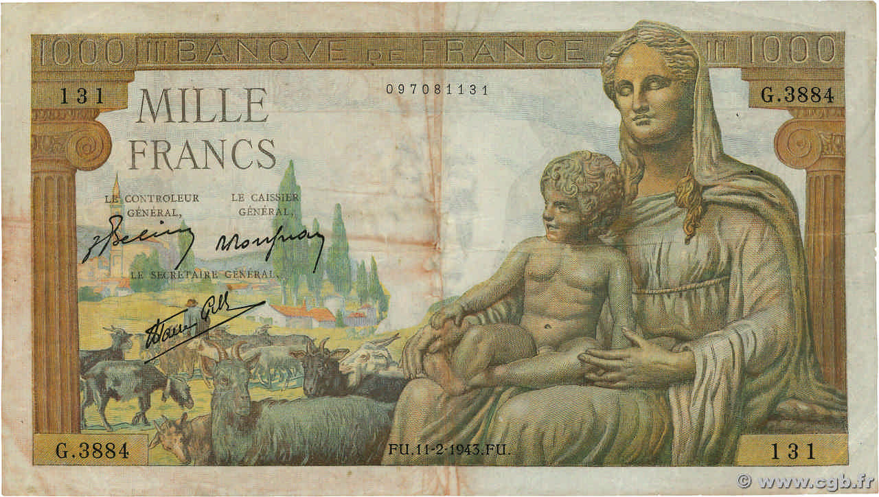 1000 Francs DÉESSE DÉMÉTER FRANCE  1943 F.40.18 TB