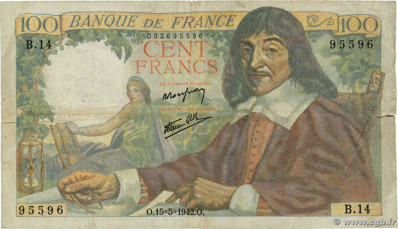 100 Francs DESCARTES FRANCE  1942 F.27.01 F-