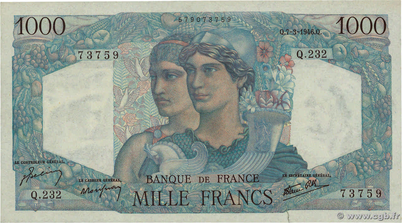 1000 Francs MINERVE ET HERCULE FRANCE  1946 F.41.12 SUP