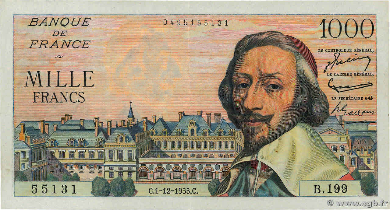 1000 Francs RICHELIEU FRANCE  1955 F.42.17 TTB+