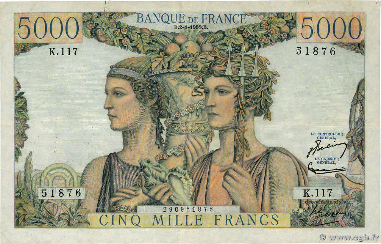 5000 Francs TERRE ET MER FRANCE  1953 F.48.08 TB