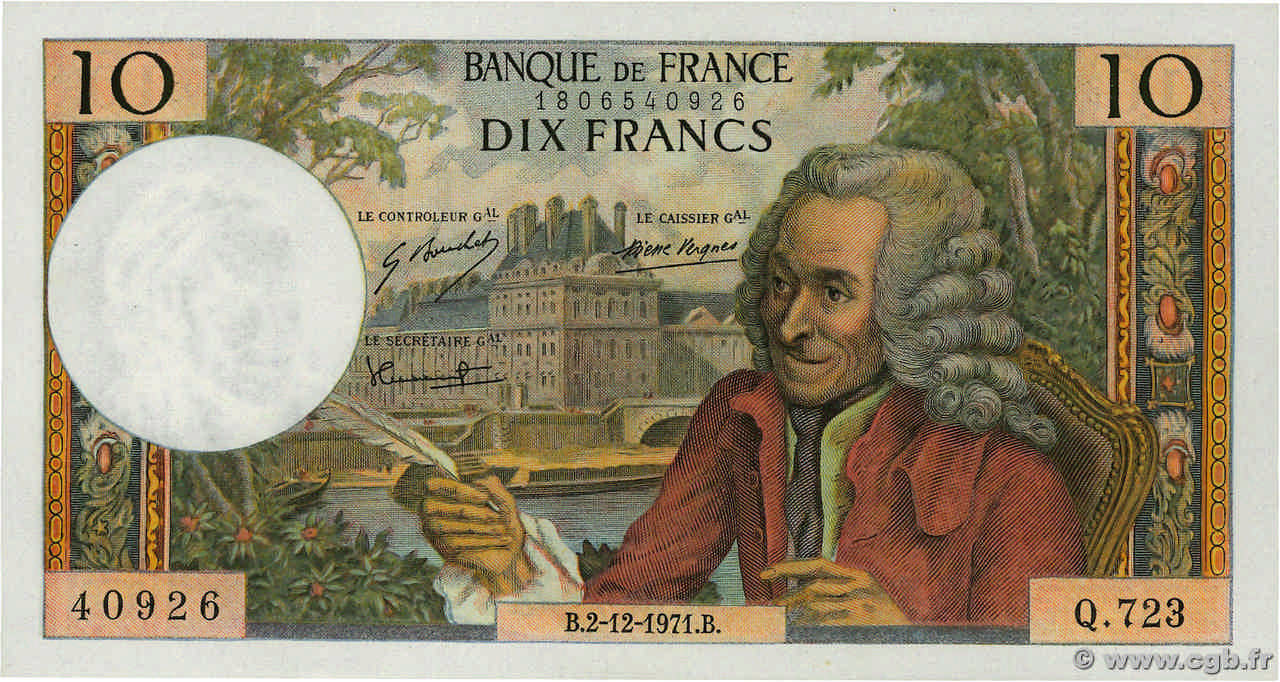 10 Francs VOLTAIRE FRANCE  1971 F.62.53 pr.SPL