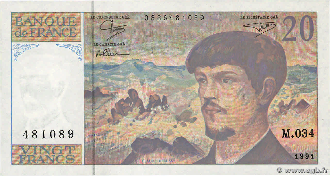 20 Francs DEBUSSY à fil de sécurité FRANCE  1991 F.66bis.02 pr.NEUF