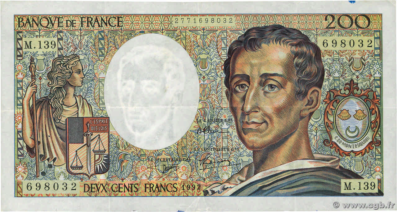 200 Francs MONTESQUIEU FRANCE  1992 F.70.12c pr.TTB