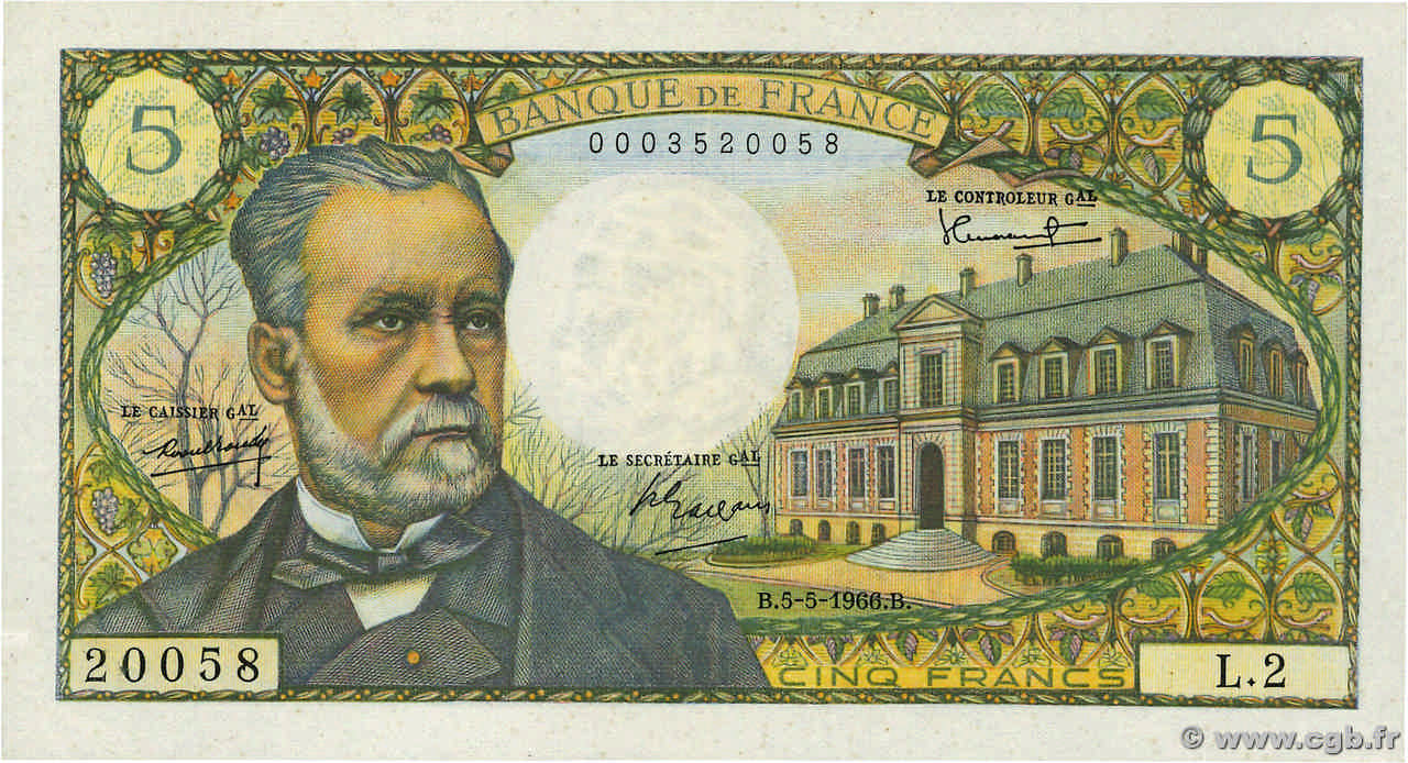 5 Francs PASTEUR FRANCE  1966 F.61.01 TTB