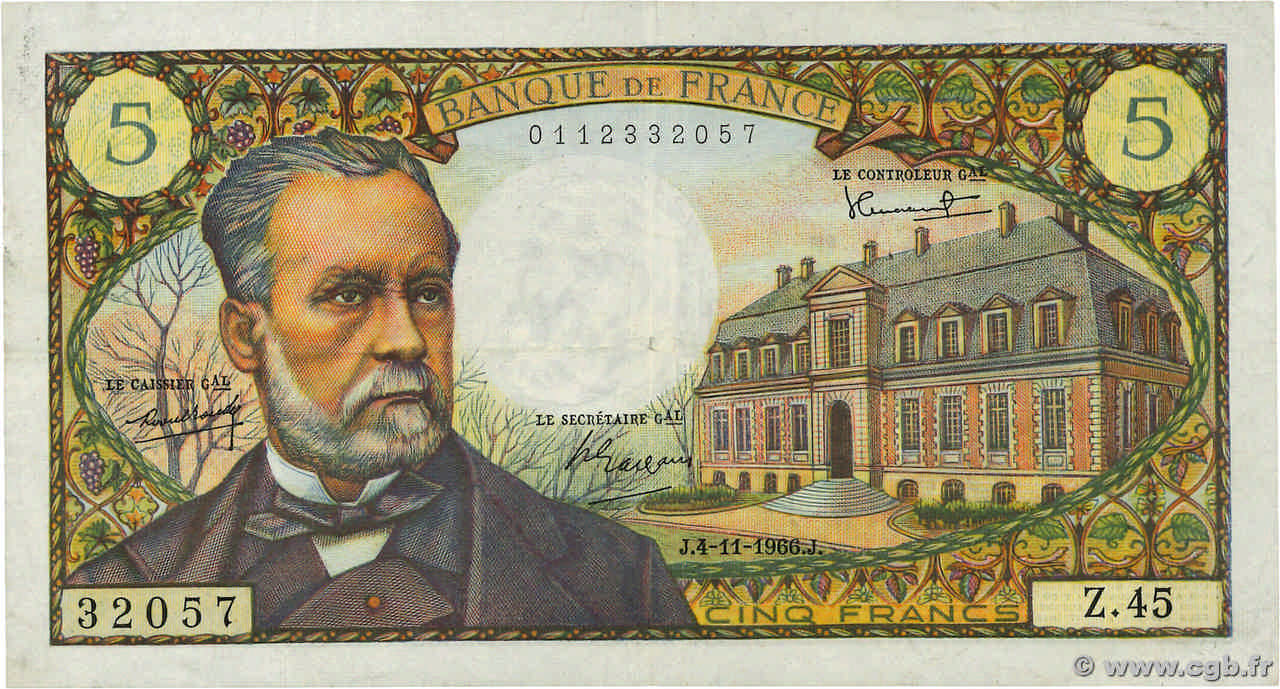 5 Francs PASTEUR FRANCE  1966 F.61.04 pr.TTB