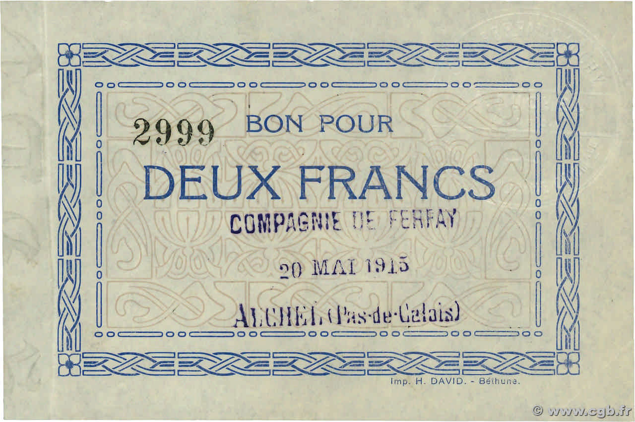 2 Francs FRANCE Regionalismus und verschiedenen Auchel 1915 JP.62-0022 VZ