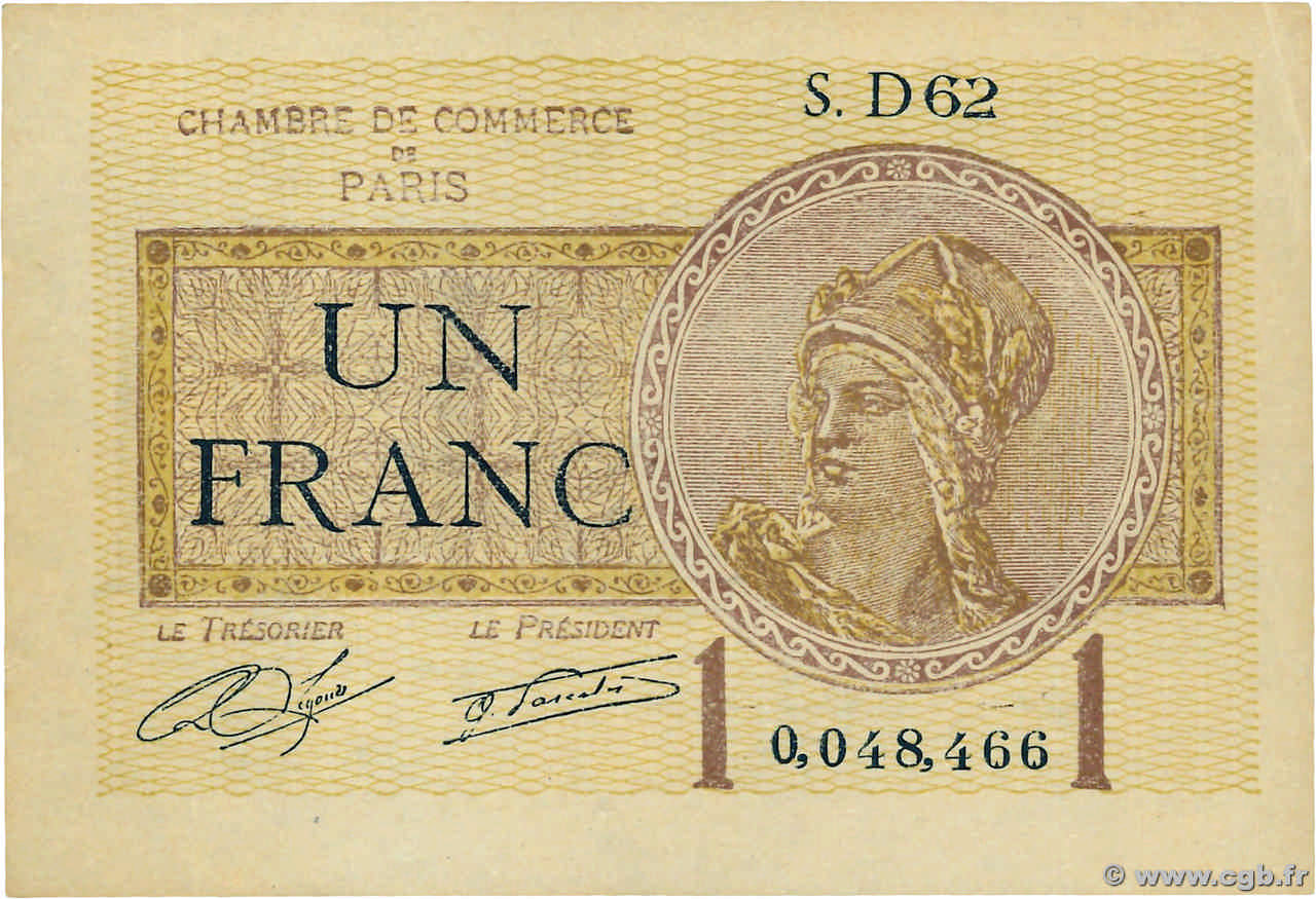 1 Franc FRANCE Regionalismus und verschiedenen Paris 1920 JP.097.23 fST+