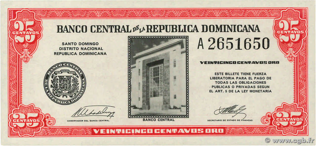 25 Centavos Oro RÉPUBLIQUE DOMINICAINE  1961 P.087a pr.NEUF