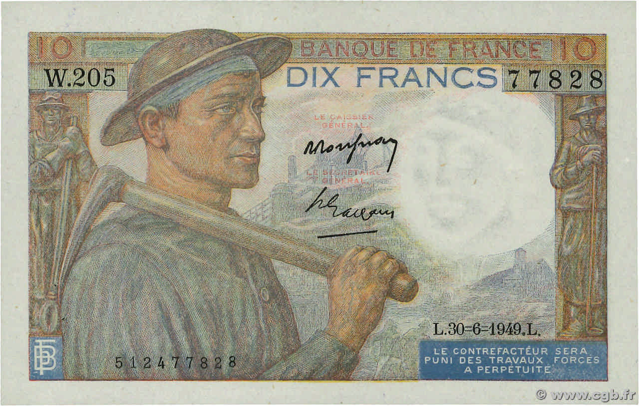 10 Francs MINEUR FRANCE  1949 F.08.22 XF