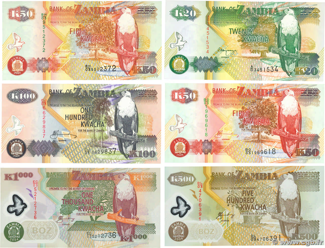 20, 50, 100, 500 et 1000  Kwacha Lot SAMBIA  1992 P.LOT ST