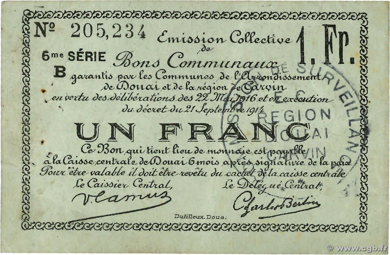 1 Franc FRANCE Regionalismus und verschiedenen Douai 1916 JP.59-0785 SS
