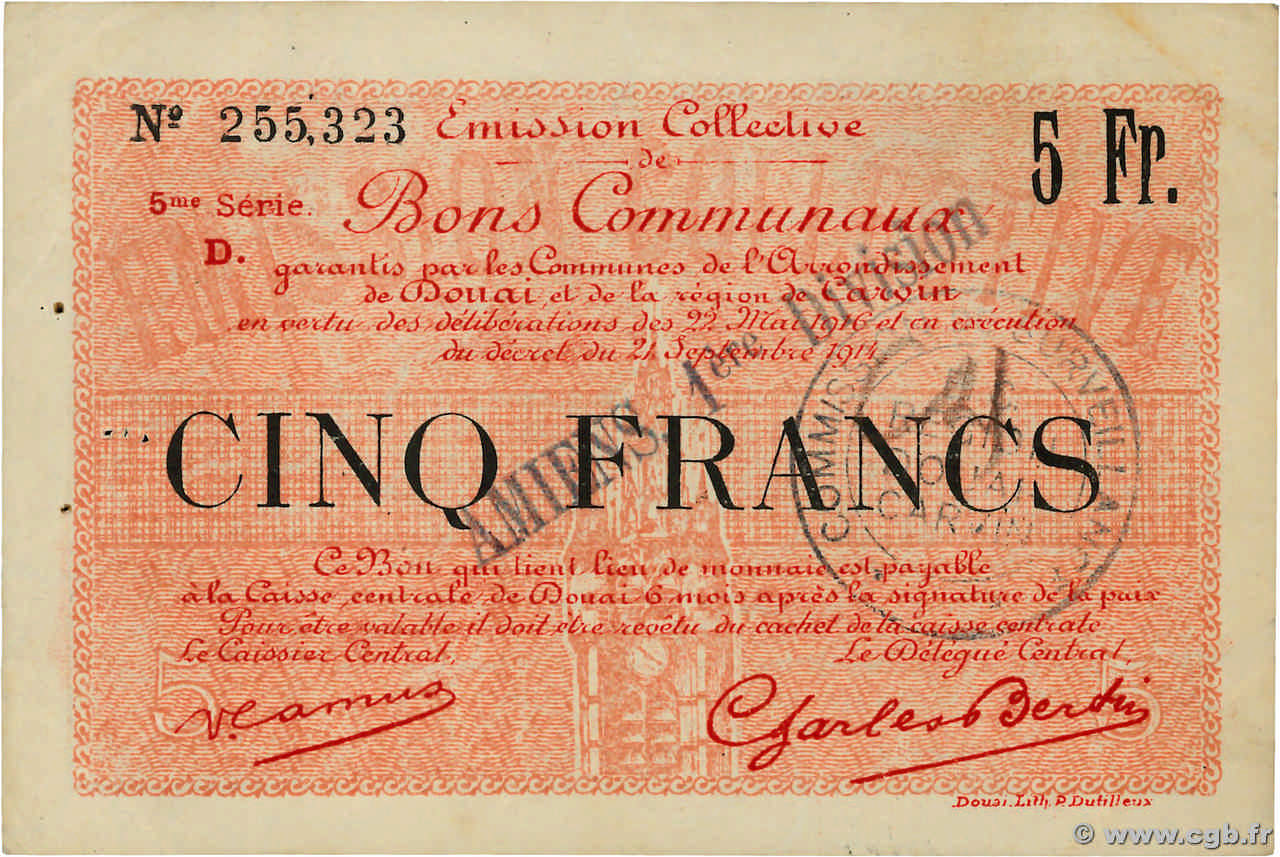 5 Francs FRANCE Regionalismus und verschiedenen Douai 1916 JP.59-0778 VZ