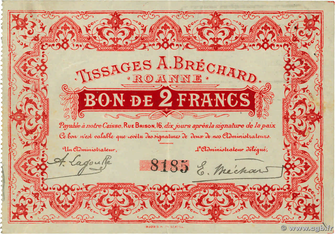 2 Francs FRANCE Regionalismus und verschiedenen Roanne 1914 JP.42-51 VZ