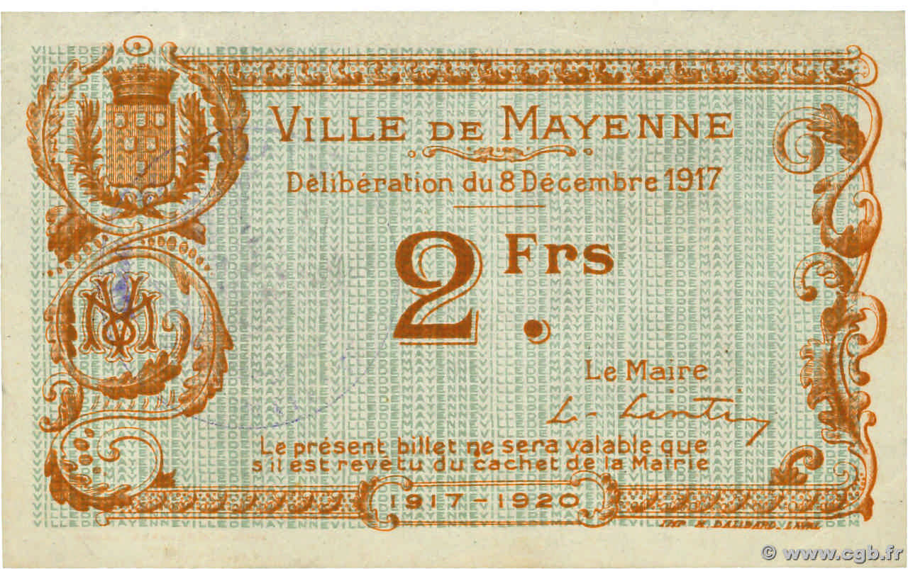 2 Francs FRANCE Regionalismus und verschiedenen Mayenne 1917 JP.53-32 fST