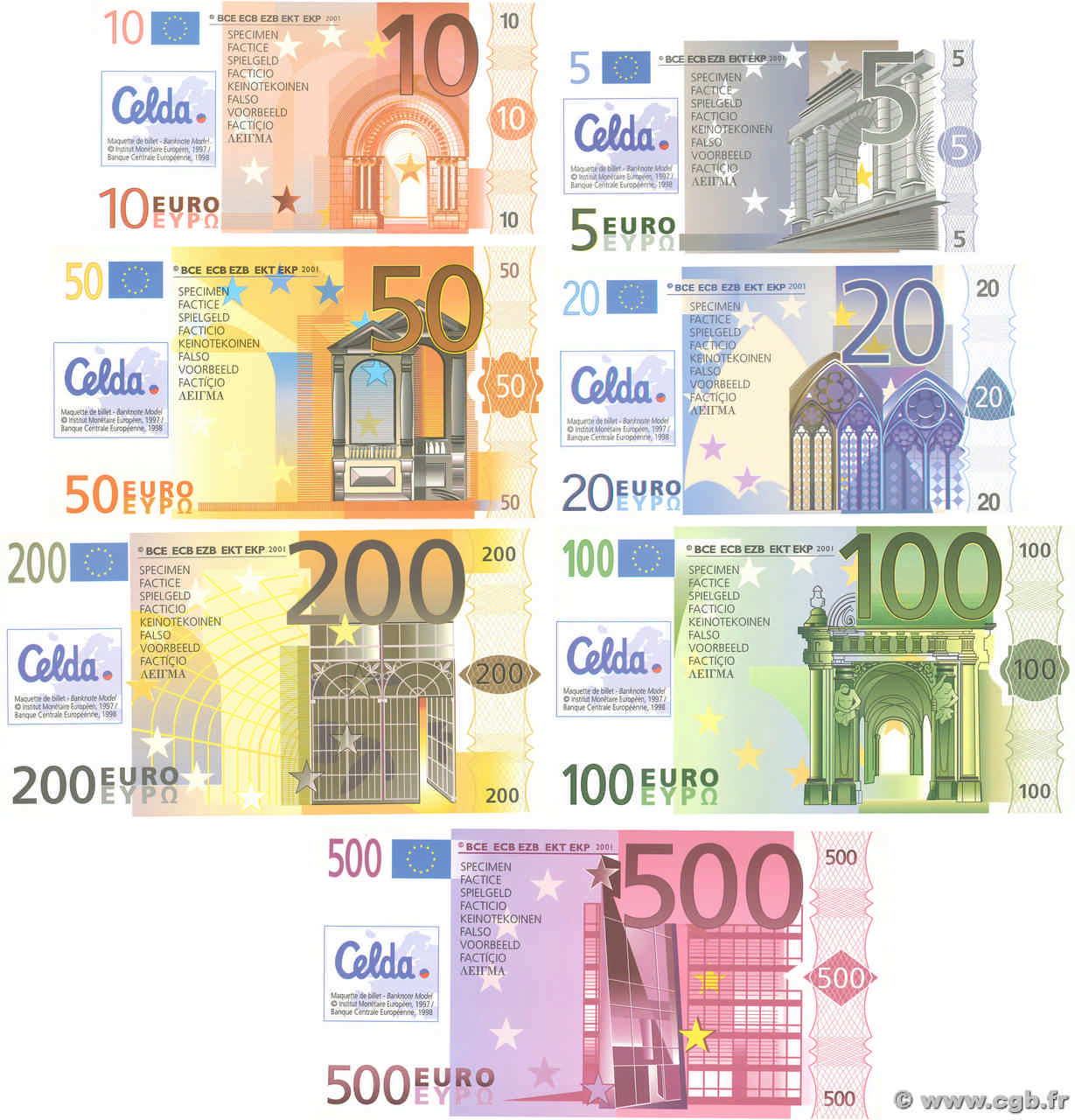 Série Euros : 5 10 20 50 100 200 500 Scolaire EUROPA  1998  FDC