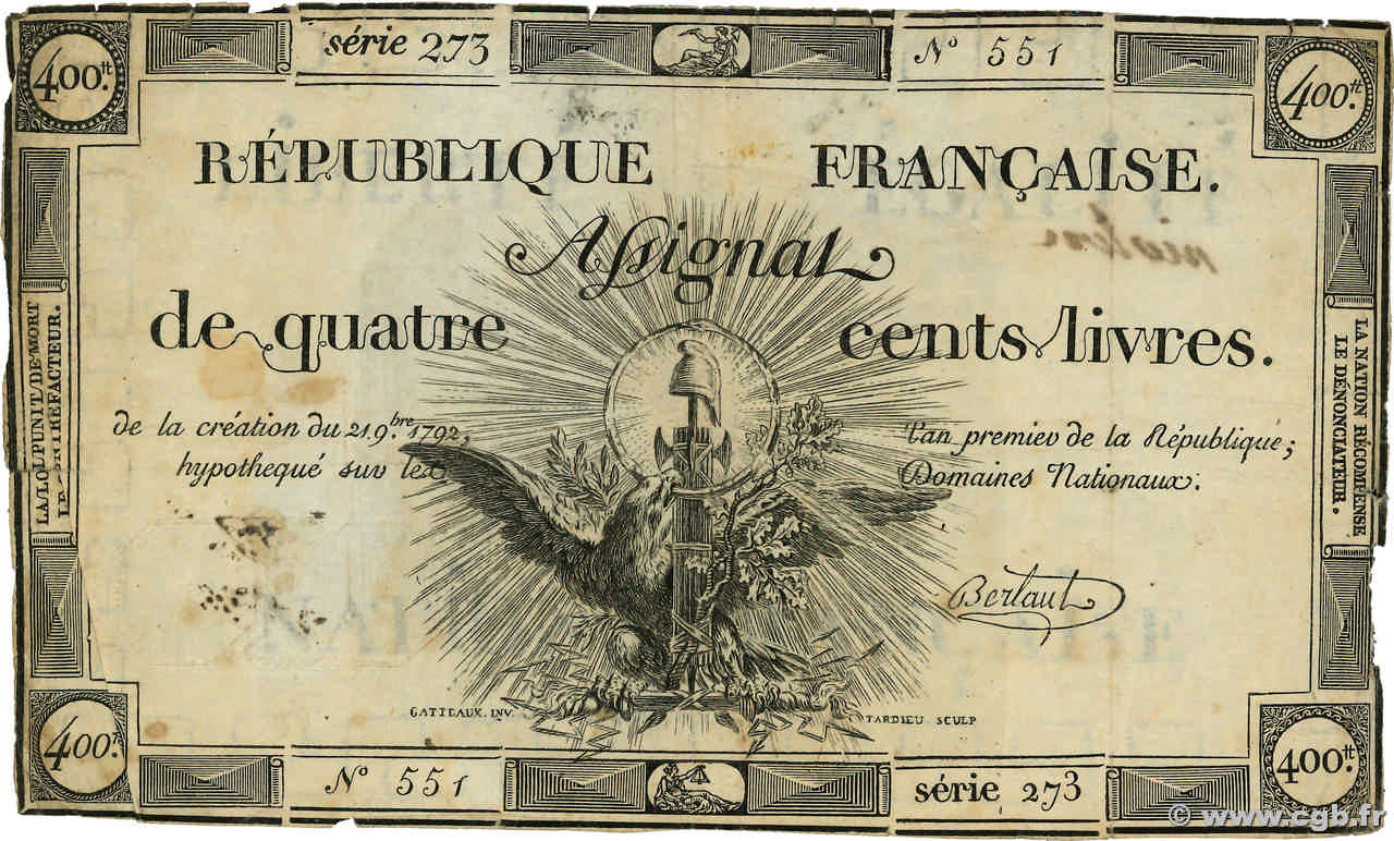 400 Livres FRANCE  1792 Ass.38a B+