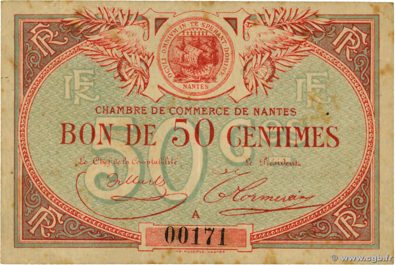 50 Centimes Petit numéro FRANCE regionalism and various Nantes 1918 JP.088.03 F+
