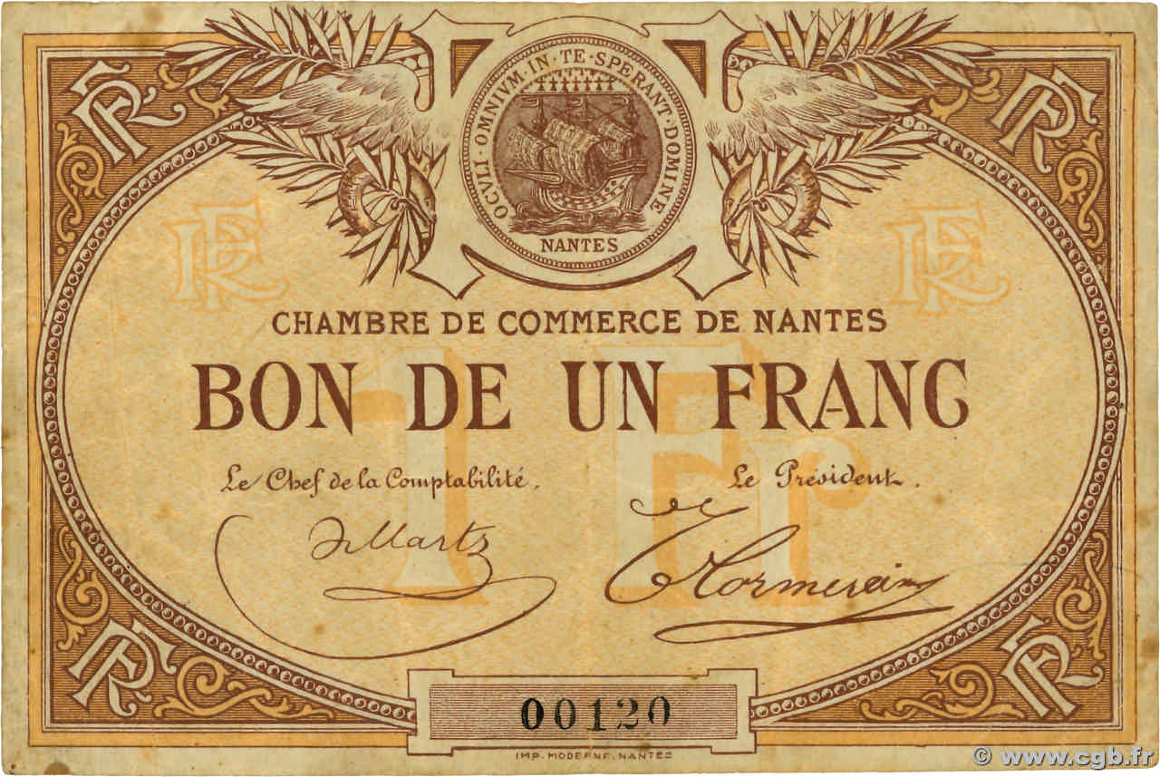 1 Franc Petit numéro FRANCE régionalisme et divers Nantes 1918 JP.088.01 TB
