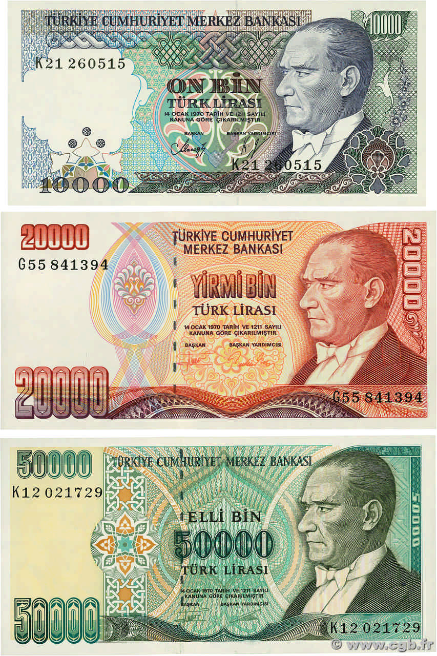 10000, 20000 et 50000 Lirasi Lot TURQUIE  1984 P.200, P.202 et P.204 pr.NEUF