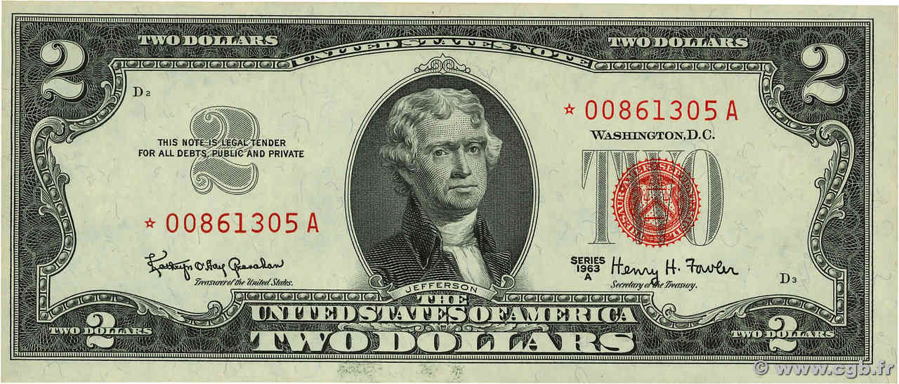 2 Dollars Remplacement ÉTATS-UNIS D AMÉRIQUE  1963 P.382br SPL