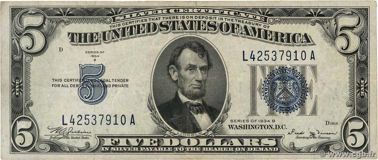 5 Dollars STATI UNITI D AMERICA  1934 P.414Ab q.BB