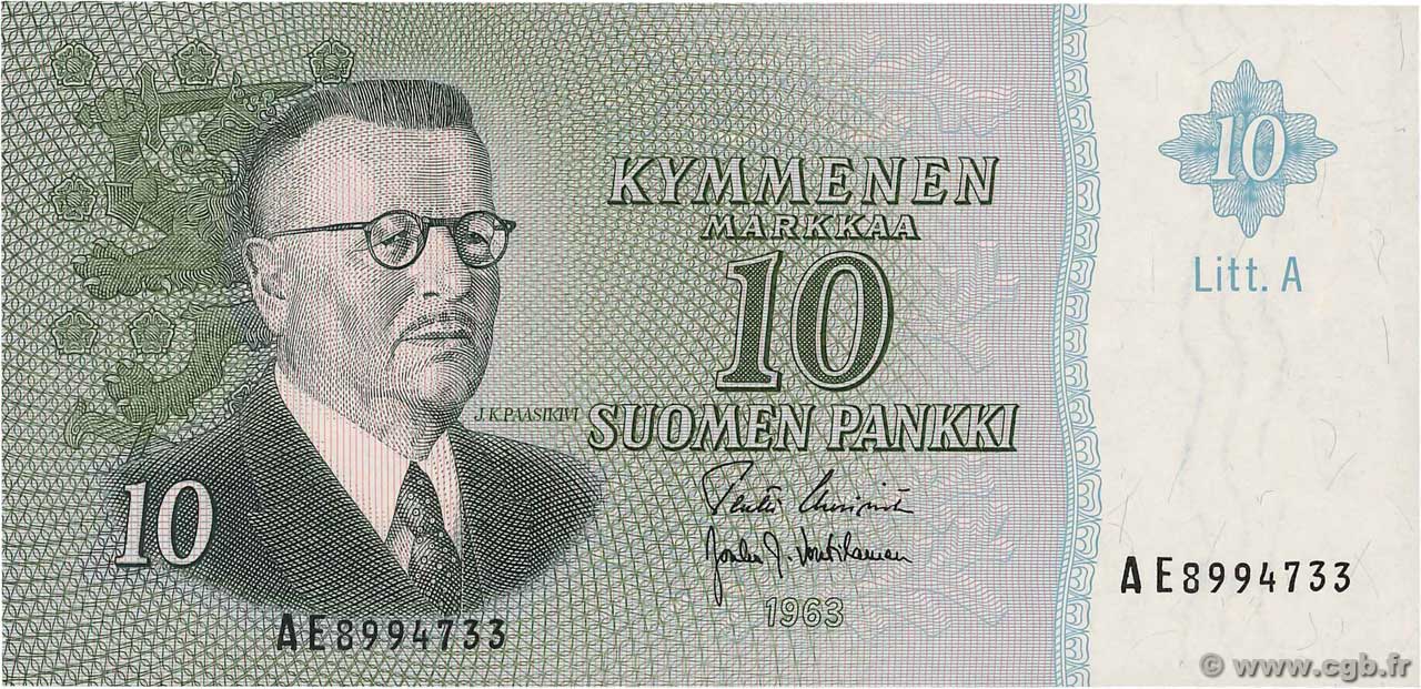 10 Markkaa FINLANDE  1963 P.104a SPL