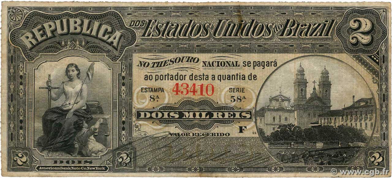 2 Mil Reis BRAZIL  1890 P.010b F