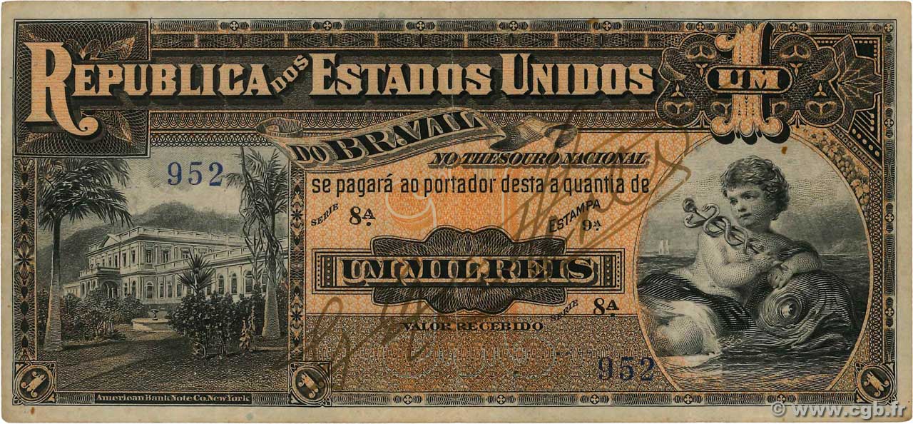 1 Mil Reis BRAZIL  1917 P.005a F