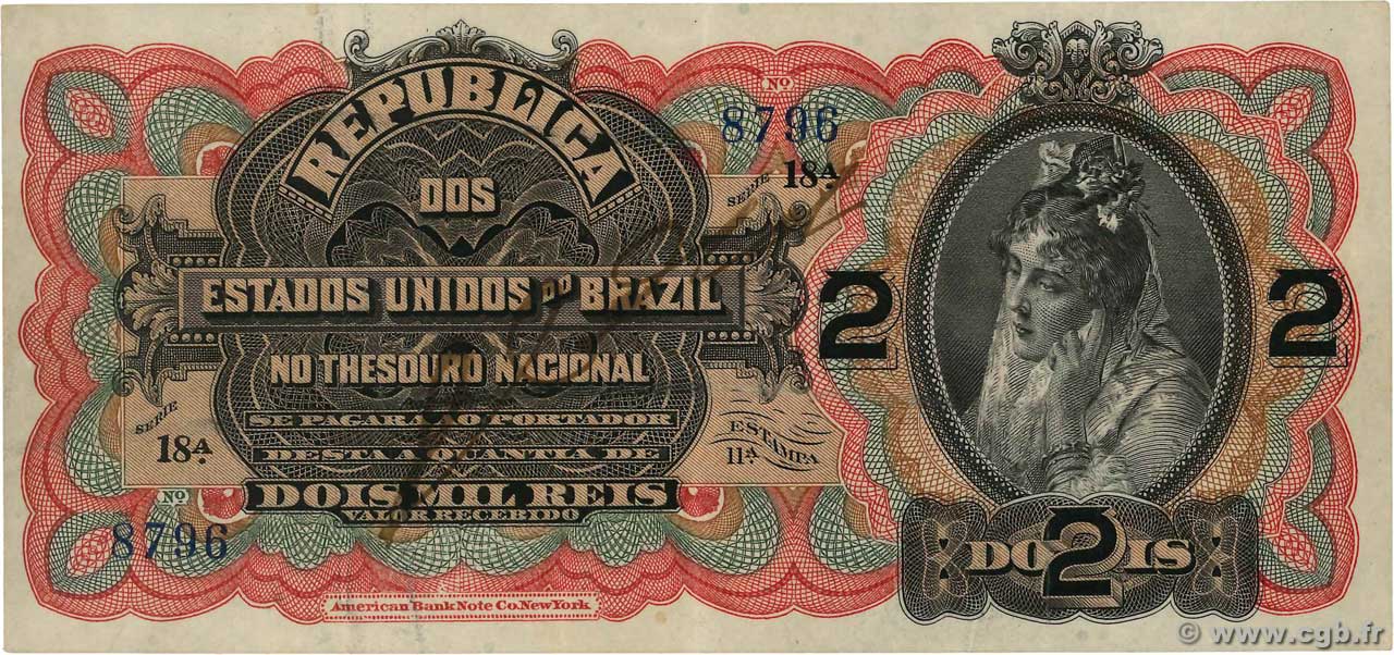2 Mil Reis BRAZIL  1918 P.013 VF