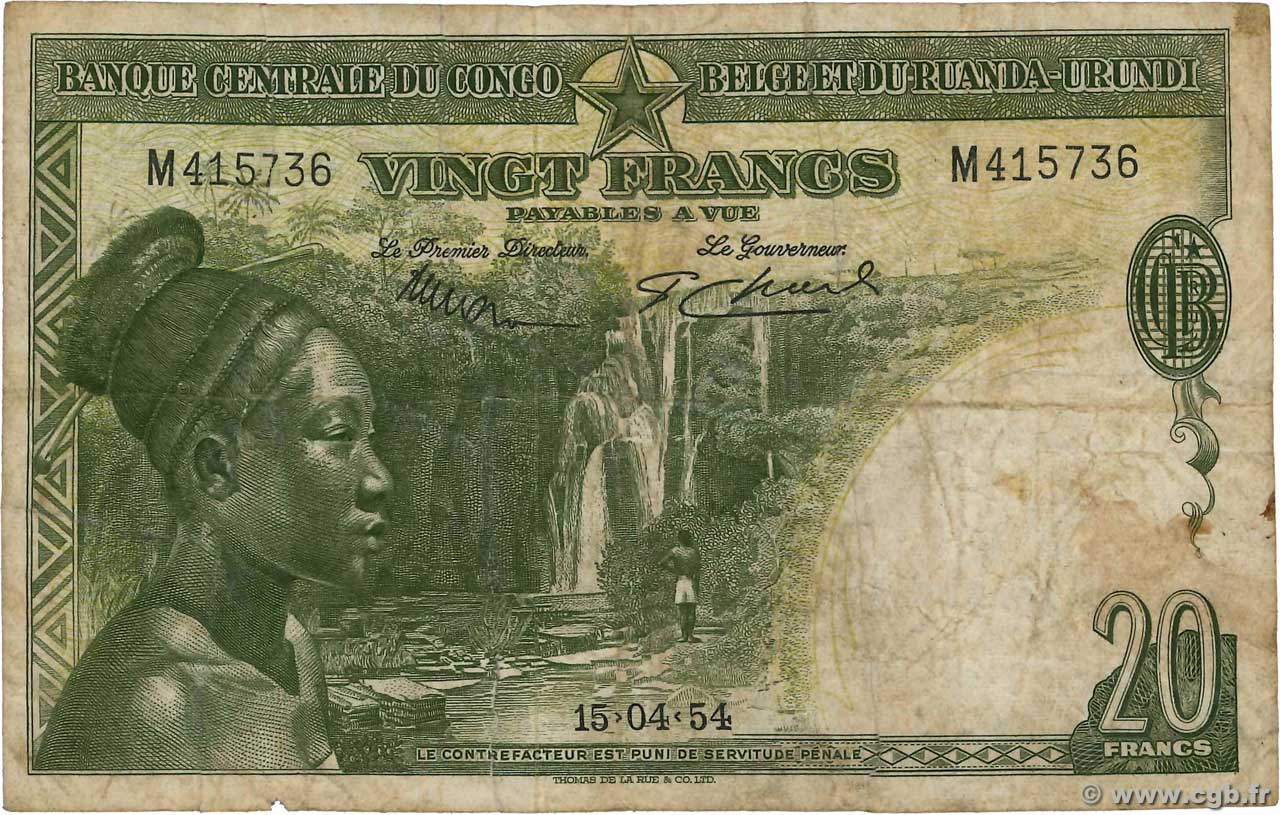 20 Francs BELGIAN CONGO  1954 P.26 G