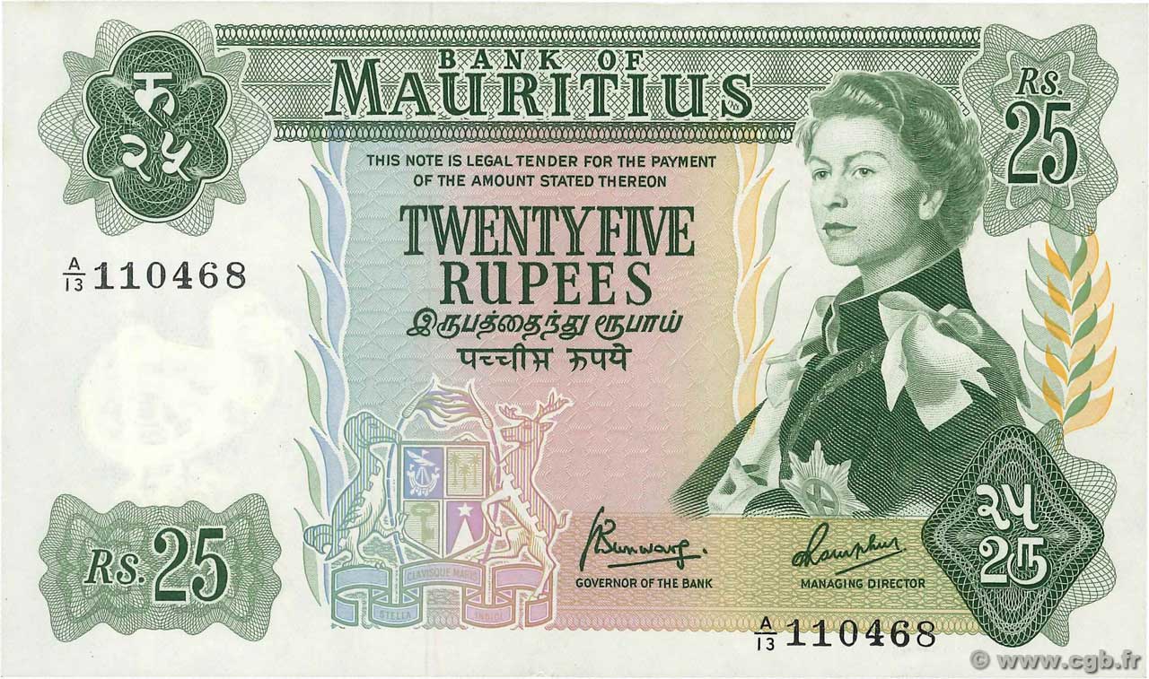 25 Rupees ÎLE MAURICE  1967 P.32a SPL