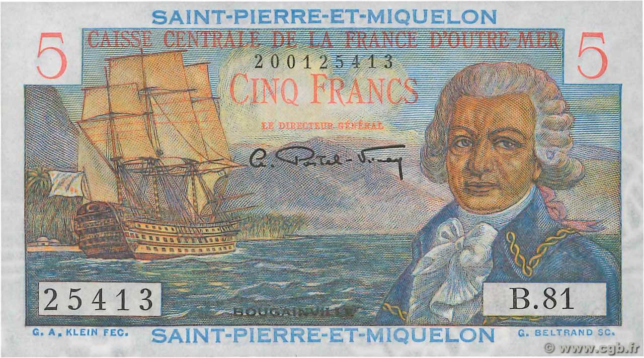 5 Francs Bougainville  SAINT PIERRE AND MIQUELON  1946 P.22 UNC