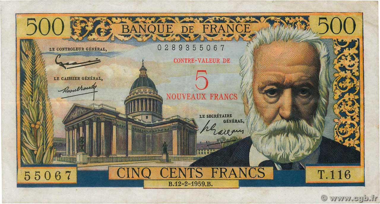 5 NF sur 500 Francs Victor HUGO FRANCE  1959 F.52.02 TB+