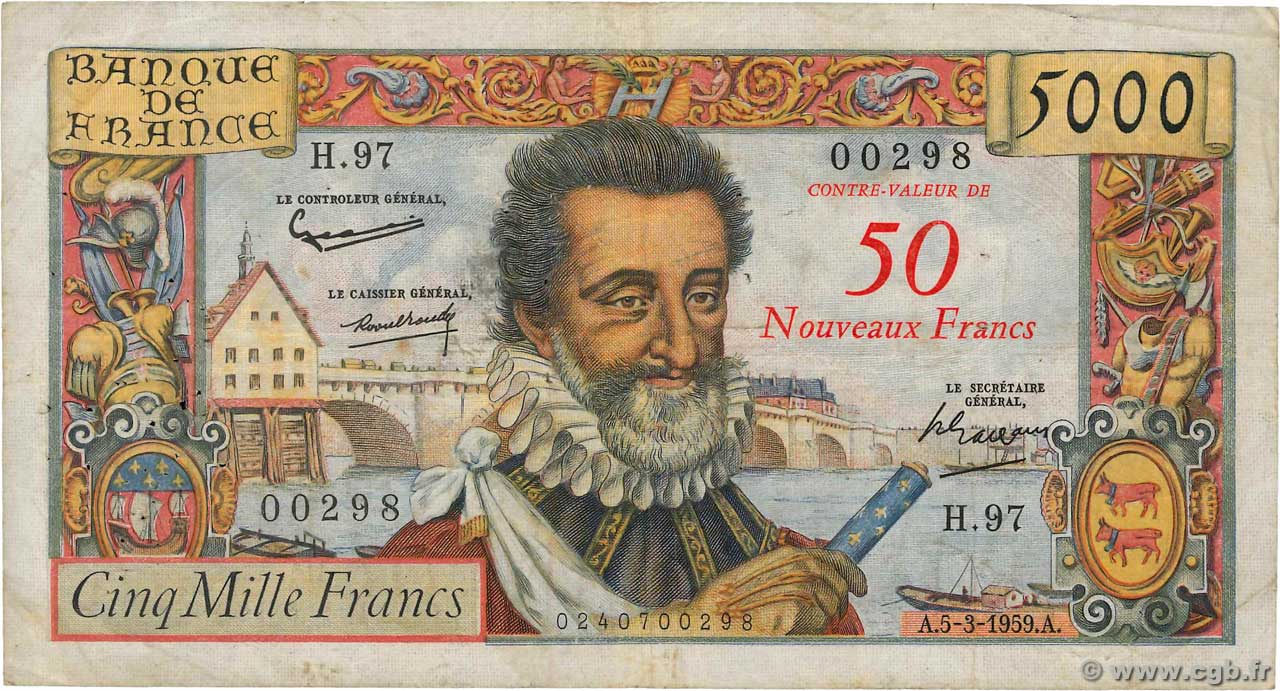 50 NF sur 5000 Francs HENRI IV FRANCE  1959 F.54.02 TB