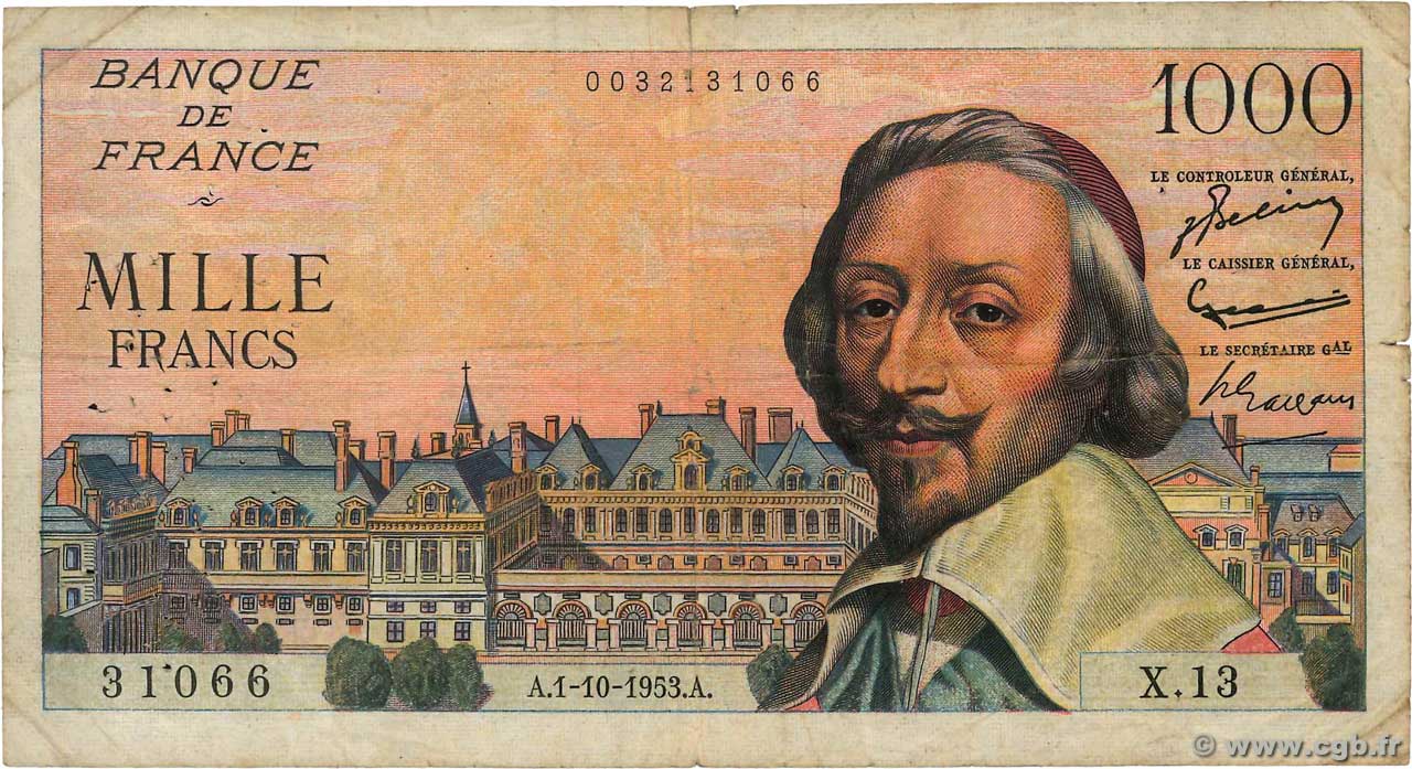 1000 Francs RICHELIEU FRANCE  1953 F.42.03 B+